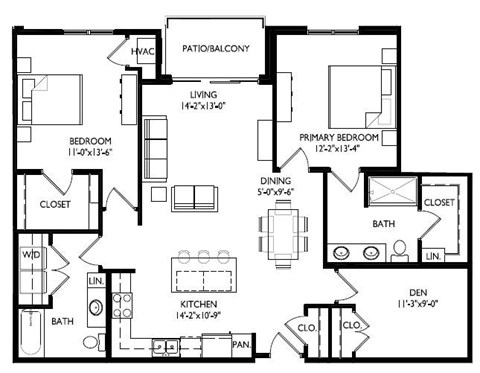 Floor plan for 2 beds, 2 baths, 1403 sqft